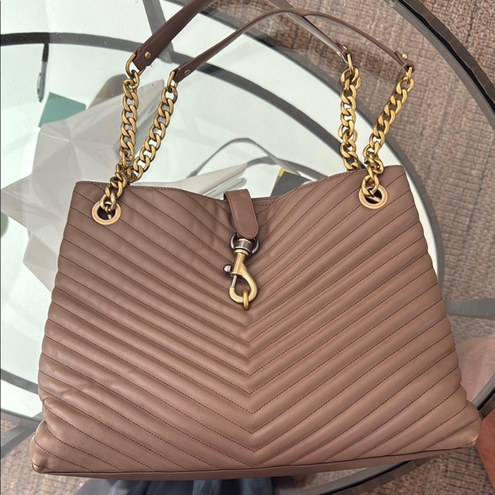 Rebecca Minkoff L leather chevron tote bag chain taupe tan Terre Eddie